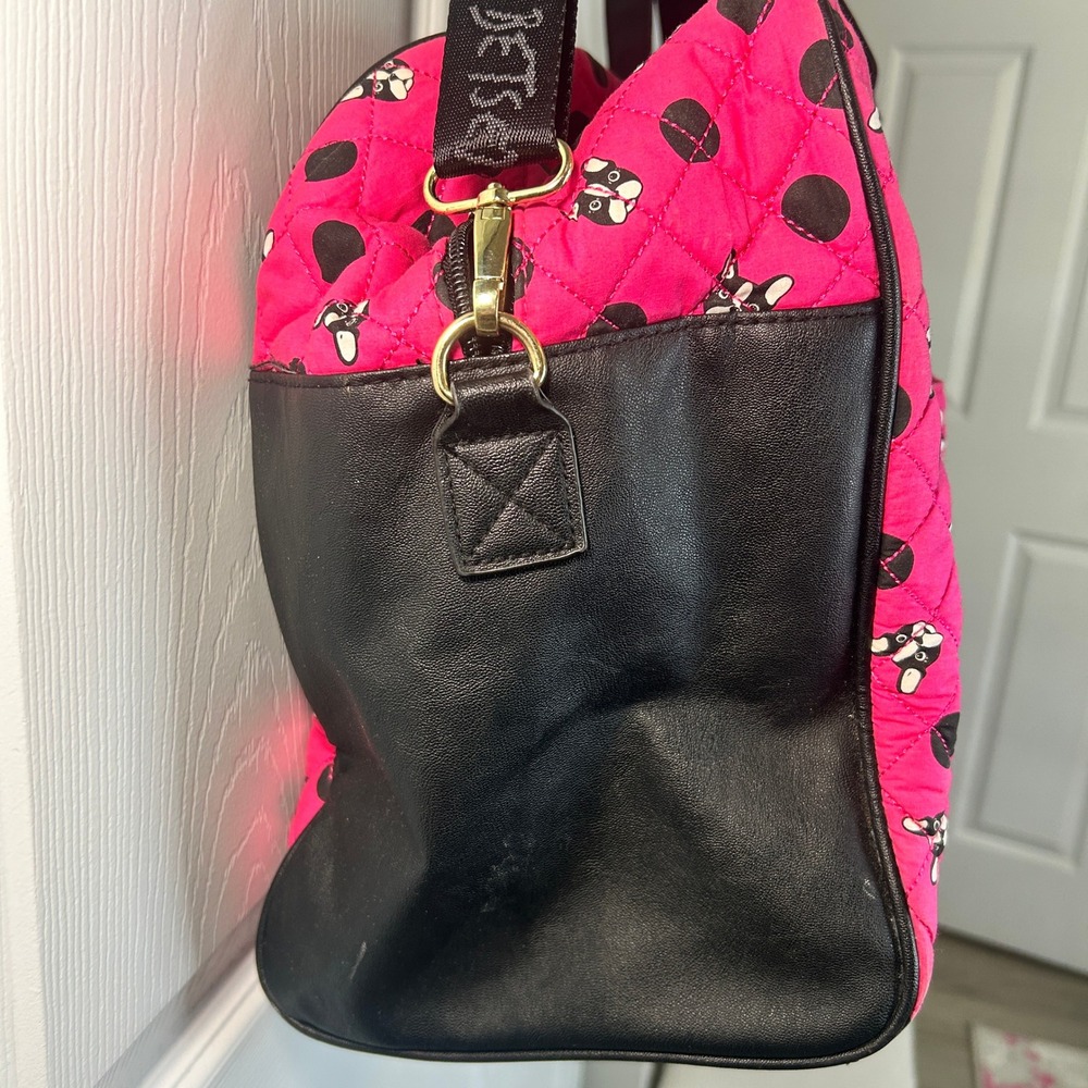 Betsey Johnson Pink French Bulldog Polka Dot Quilted Duffel Bag Weekend Travel - Picture 6 of 14